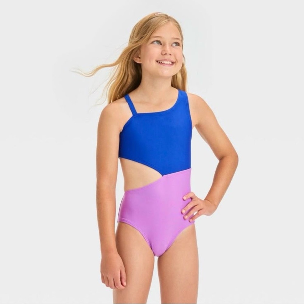 Cat & Jack Toddler Girls Size‎ 2T One Shoulder Swimsuit Blue Purple UPF 50 NEW